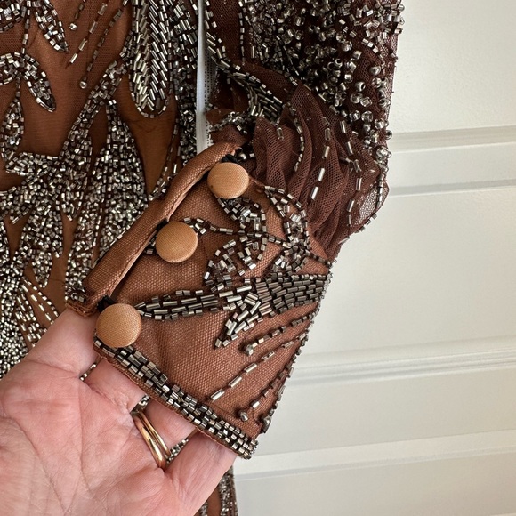 Mac Duggal Style 5295 Beaded‎ Long Sleeve Wrap Mini Dress in Mocha- NWT - Picture 7 of 13